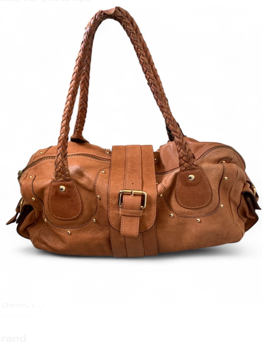 Y2K Bebe Genuine Leather Braided Handle Cognac Satchel Handbag